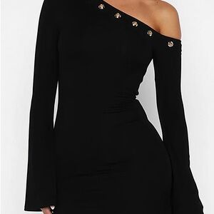 Micas Off-Shoulder Black Bodycon Dress with Stud Detail